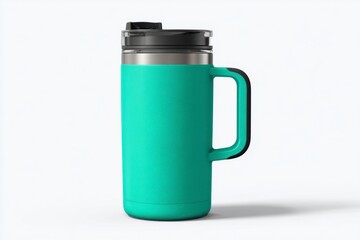 Obraz premium Bright turquoise travel mug with functional lid and handle design