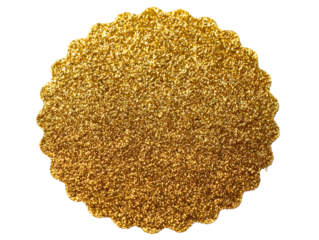 Golden glittery circular seal on black background