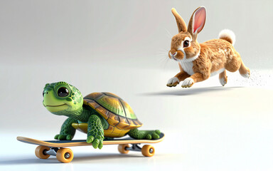 ウサギとカメのユニークな競争を描いたイラストで、スケートボードに乗ったカメが元気に進み、追いかけるウサギが驚いた表情を見せるコミカルなシーン