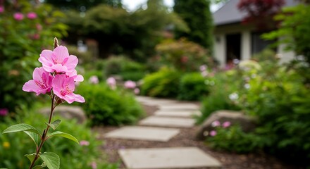 Pink flowers garden path