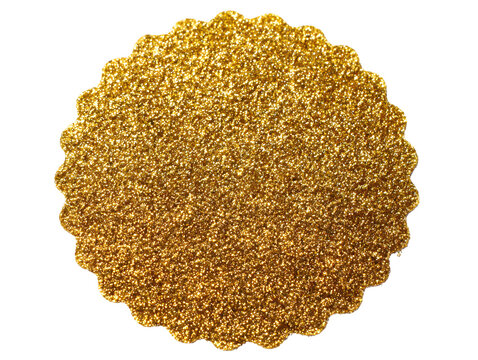 Golden glittery circular seal on black background