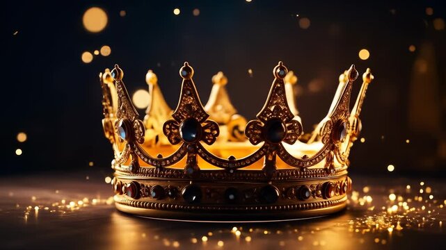 Intricate golden crown with gem details gleaming in magical bokeh light