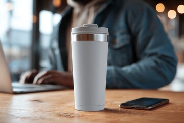 Cozy Workspace with Coffee Cup and Smartphone on Wooden Table