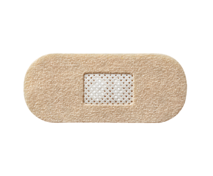 A single beige fabric bandage with a white sterile pad on a black background