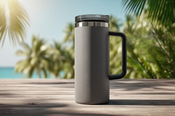 Sleek Gray Travel Mug on Wooden Table Against Tropical Background