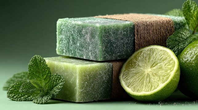 Refreshing handmade lime soap and mint for a spa day feeling, experience the natural beauty and aroma for ultimate self care and a luxurious touch