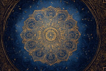 Fototapeta premium Golden mandala on deep blue textured background intricate