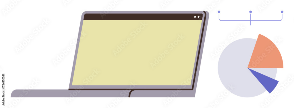 Poster open laptop with blank screen next to pie chart highlighting data breakdown and analysis. ideal for 