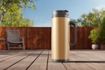 Sleek Golden Travel Mug on Wooden Deck with Sunny Outdoor Background