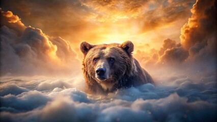 Majestic Brown Bear Emerging from a Celestial Sea of Clouds at Sunset