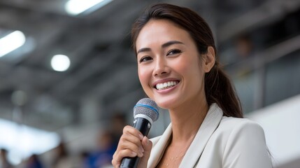 a confident asian businesswoman giving a presentation with a microphone