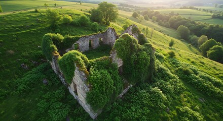Ruined building covered in lush vegetation
