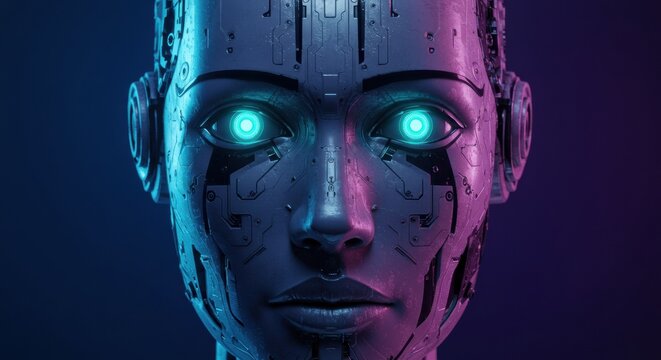 Futuristic cybernetic robot portrait digital studio high-tech art neon environment artificial intelligence concept