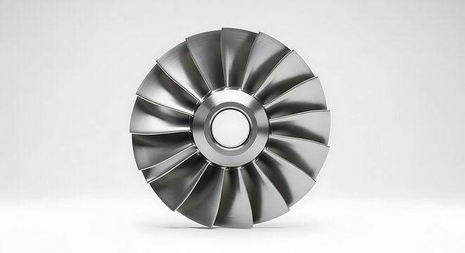 Precision-engineered titanium turbine wheel showcasing advanced aerodynamic design for high-performance propulsion systems, isolated on a clean white background