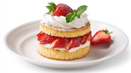 Layers of sponge cake with fresh strawberries and whipped cream.