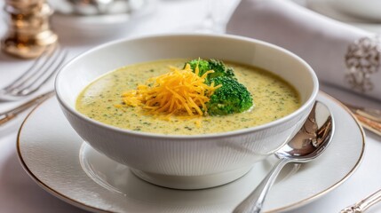american broccoli cheddar soup close up, creamy soup, grated cheddar topping, elegant bowl, fine dining style