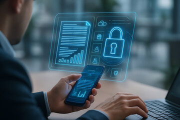 Person interacting with futuristic digital security interface on phone