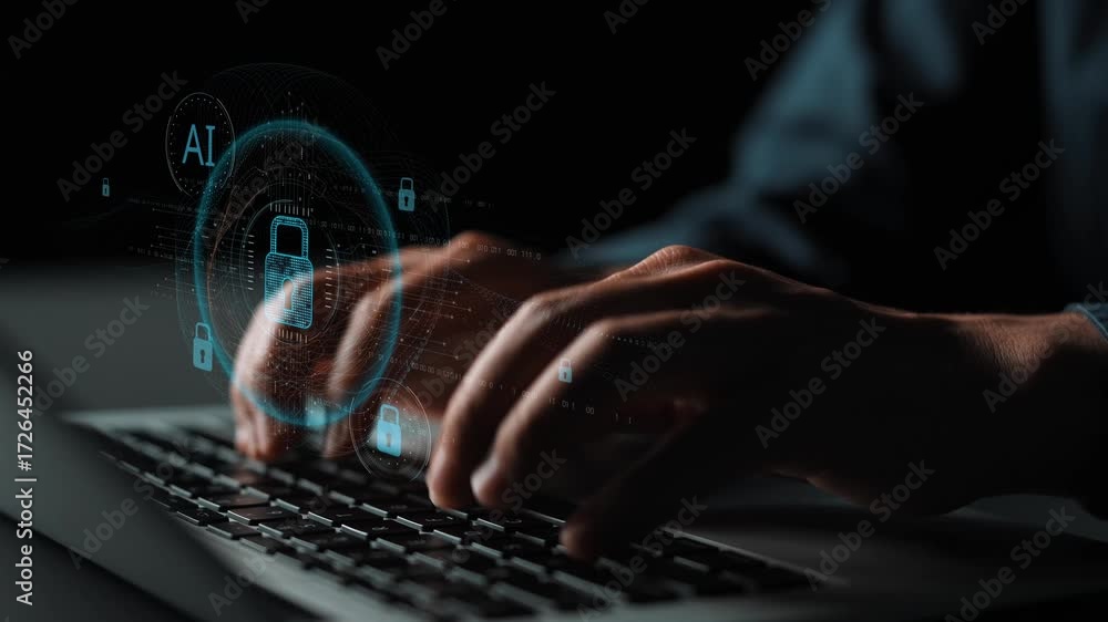 Poster ai cyber security system using biometric authentication and privacy control. cyber security protects