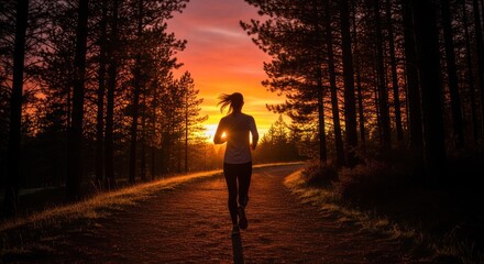 Fototapeta premium A woman jogging in a forest at sunset.