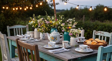 Charming outdoor dining setup on a rustic wooden table, adorned with fresh wildflowers and elegant teacups under warm string lights, perfect for a cozy summer garden gathering