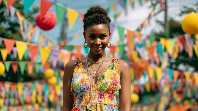 Celebrating vibrancy and joy at a colorful outdoor festival with a young African American woman in a bright floral dress during a sunny day