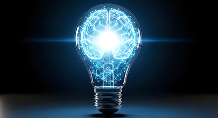 A glowing brain inside a clear lightbulb with a network of connections on a dark blue background