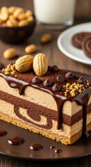 Chocolate and Vanilla Layered Cake with Peanut Butter Cookies and Drizzle on Dark Plate