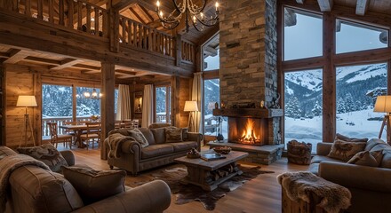 Rustic mountain chalet living room