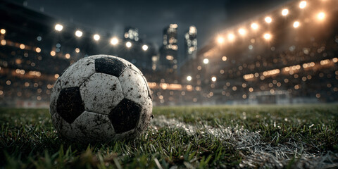 Fototapeta premium Exciting soccer match at night with a close-up of a dirt-covered soccer ball on the pitch