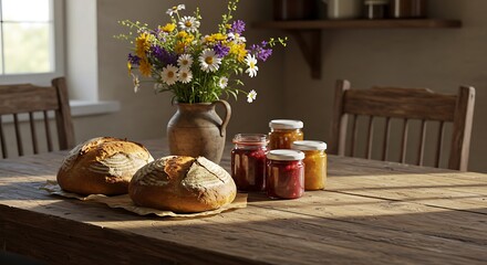 Rustic table setting with bread and jams