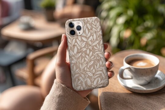 Elegant phone case with floral design held near coffee cup