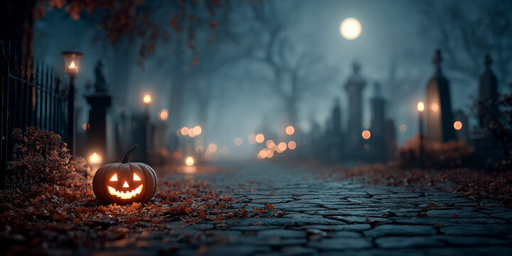 Glimmering pumpkin lights up a foggy graveyard path under the full moon during Halloween night