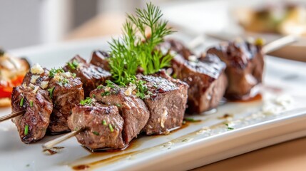 shashlik close up, skewered cubes, juicy and tender, grilled to perfection, elegant plate, fine dining style