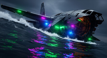 futuristic aircraft crashes into ocean waves