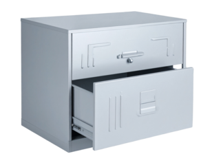 Light Gray Two-Drawer Metal Filing Cabinet with Open Bottom Drawer, isolated on transparent background PNG