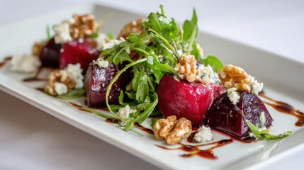 beetroot salad close up, roasted beets, goat cheese, walnuts, arugula, elegant plating, fine dining presentation