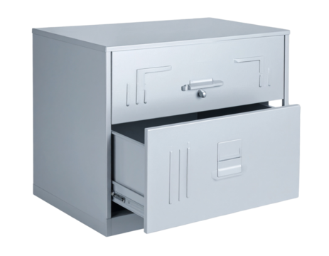 Light Gray Two-Drawer Metal Filing Cabinet with Open Bottom Drawer, isolated on transparent background PNG