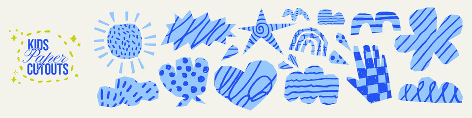 Funky kids paper cutout shapes with crayon doodle and pastel patterns. Naive scrapbook clipart with pencil scribbles. Abstract blue torn stickers for collages.