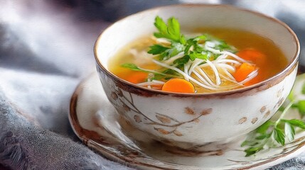 bowl of chicken soup close up, watercolor painting style, golden broth with carrots and noodles, rustic still life, delicate brush strokes