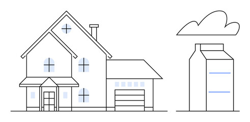 Fototapeta premium Minimalistic line art of a two-story house with windows, a garage, and a tall building under a cloud. Ideal for real estate, urban planning, sustainability, architecture, homeownership, lifestyle