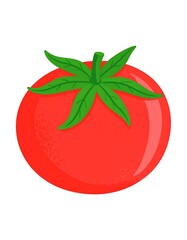A single, ripe red tomato with green stem and leaves, illustrated in a simple, slightly textured style