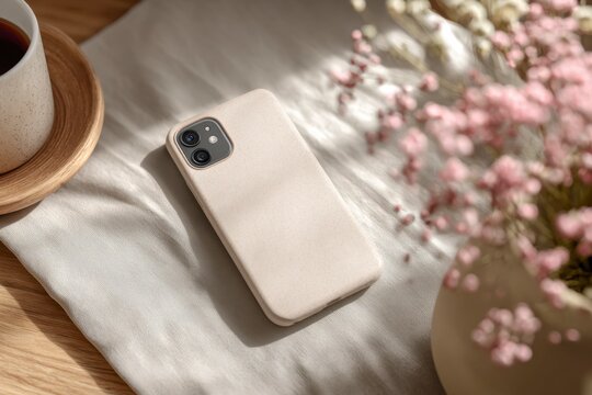 Soft Phone Case on Table with Coffee and Delicate Flowers Nearby