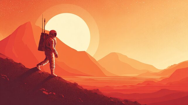 A lone astronaut in a bulky spacesuit walks uphill on a red planet, silhouetted against a large, pale sun and a mountainous, arid landscape at sunset, creating a dramatic and solitary scene