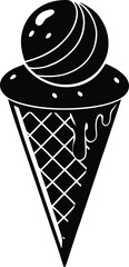 Stylized black and white ice cream cone with swirled topping and drips
