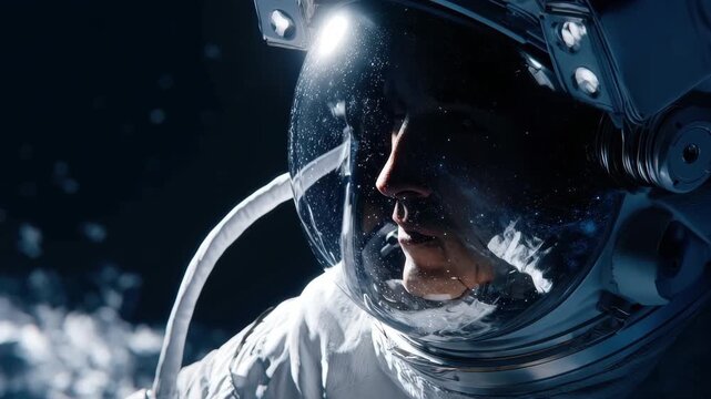 Close up of an astronaut in a detailed space suit exploring the lunar surface during a mission, highlighting the intricate design and reflective visor under a starry sky