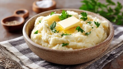 creamy mashed potatoes close up, smooth texture, butter melting on top, served with parsley garnish, rustic home style presentation