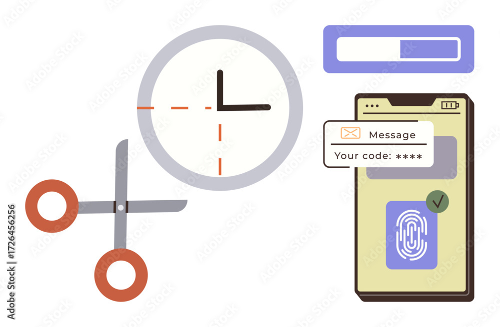 Aufkleber scissors near clock, phone screen receiving code, and fingerprint login. ideal for security, authent