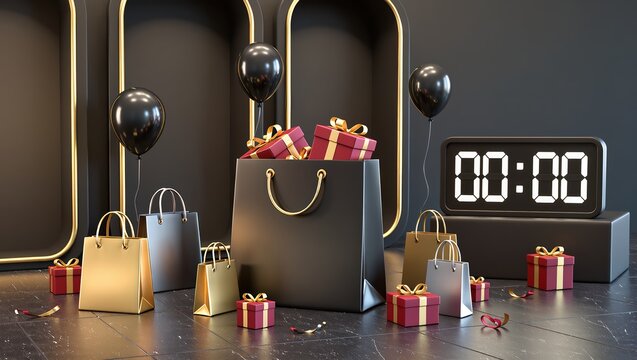 Elegant black and gold shopping bags featuring wrapped gift boxes, balloons, and the digital countdown clock arranged within a modern interior, symbolizing festive Black Friday sales