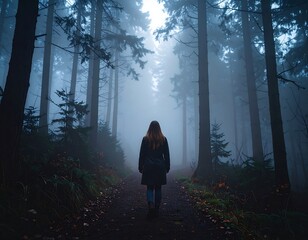 A lone woman walks a misty forest path, shrouded in fog