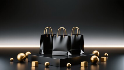Elegant black shopping bags featuring gold rope handles are arranged upon the glossy pedestal, surrounded by metallic spheres and cubes, under dramatic studio lighting